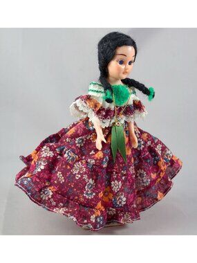 Vintage Hard Plastic 7.5" Costumed Display Doll Black Hair Braids Sleep Eyes